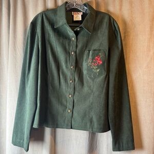 Vintage Faux suede Green Button-Up‎ with Floral Embroidery 90s